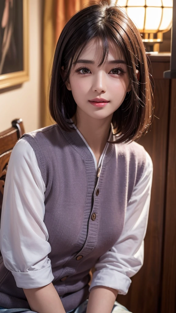 (best quality,4k,8k,highres,masterpiece:1.2),ultra-detailed,(realistic,photorealistic,photo-realistic:1.37),portrait,colorful,HDR,studio lighting,ultra-fine painting,sharp focus,physically-based rendering,extreme detail description,professional,vivid colors,bokeh,Chinese,student uniform,short and petite figure,fair complexion,beautiful detailed eyes and face,long eyelashes,dark short hair pulled tightly against the temples,small mouth,full lower lip,always with a slight smile.