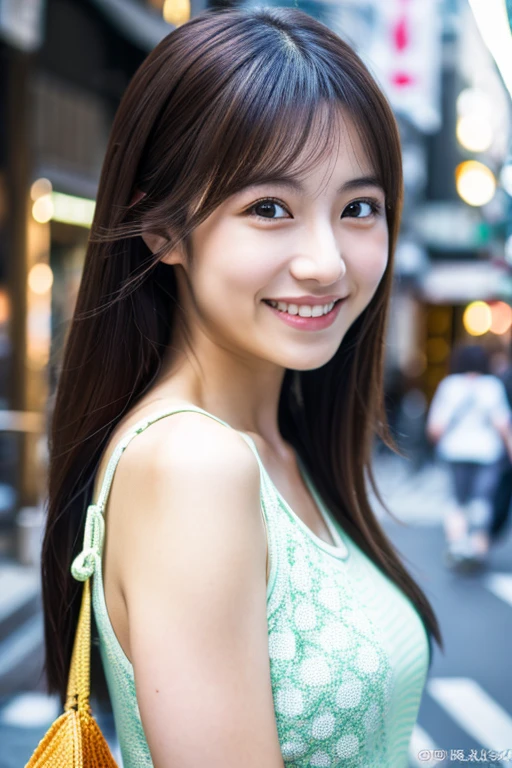 1 girl, Japanese women, Tokyo Street , Streetscape, Upper Body, True Face, close, smile, (8k, RAW Photos, highest quality, masterpiece:1.2), (Realistic, photo-Realistic:1.37),