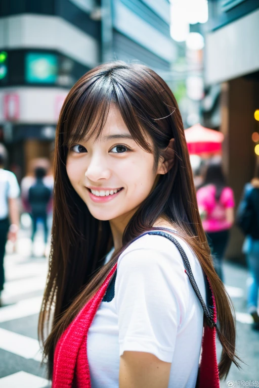 1 girl, Japanese women, Tokyo Street , Streetscape, Upper Body, True Face, close, smile, (8k, RAW Photos, highest quality, masterpiece:1.2), (Realistic, photo-Realistic:1.37),