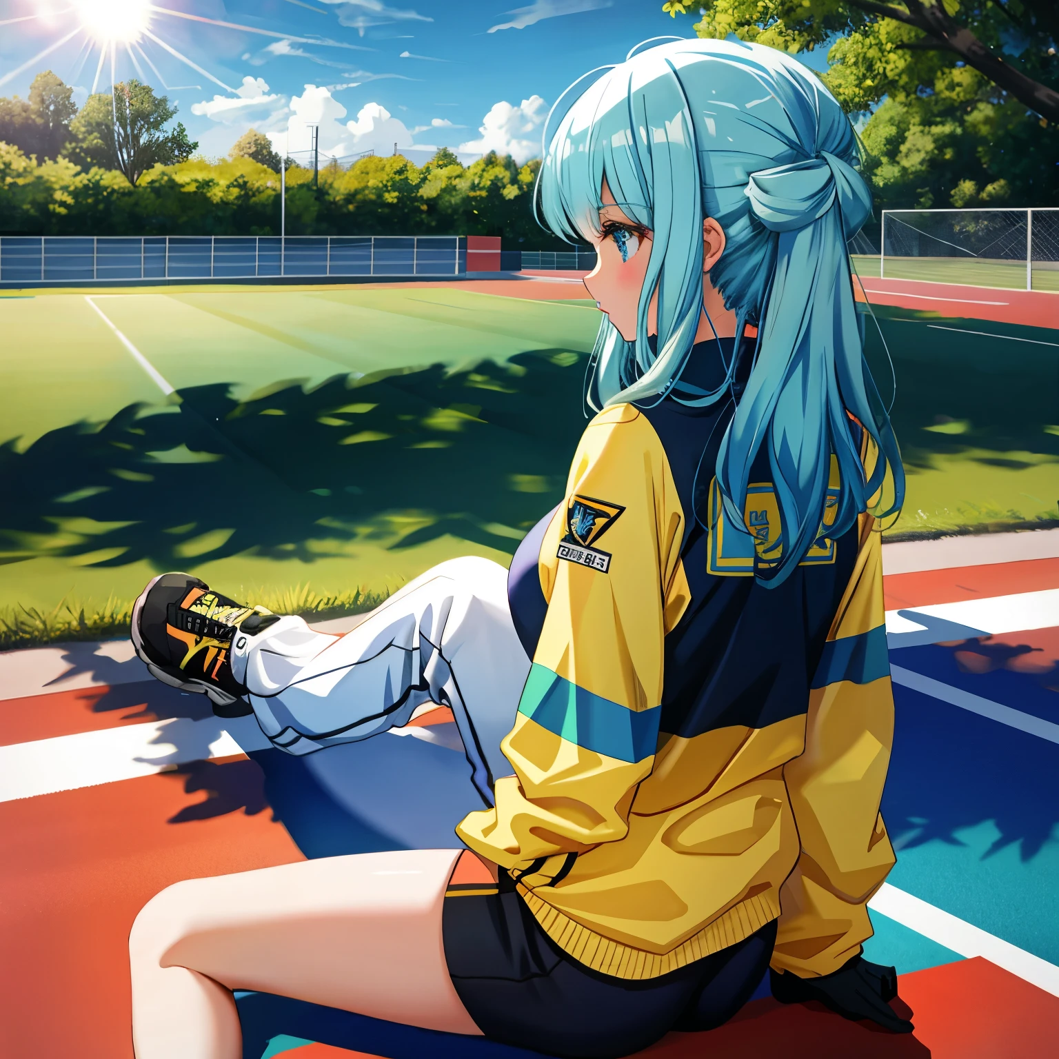 **Emotion and Movement**
The character is seated at a sports track field, giving off an **active impression**.
**BREAK**
**Worldview**
The illustration depicts a **bright, sunny day at an outdoor sports area**, conveying an **active or athletic theme**.
**BREAK**
**Theme**
The overall illustration suggests **youthfulness and vitality associated with outdoor sports activities**.
**BREAK**
**Power Words**
Power words like "determination" and "focus" are **challenging** to convey in this illustration.
**BREAK**
**Key Elements**
The main focus of the illustration is the character seated **off-center against a green vehicle in an outdoor setting**.
**BREAK**
**Style**
The artistic style is **modern and detailed**, with an emphasis on **realism in the portrayal of light and shadow**.
**BREAK**
**Body Shape and Skin Color**
The character has a **light skin tone** that is observable.
**BREAK**
**Costume and Color**
The character wears a **dark jacket with white accents**, and there appears to be a **logo on the left chest area**.
**BREAK**
**Hair Style and Color**
The character has **shoulder-length silver hair** that looks **soft and slightly wavy**.
**BREAK**
**Background and Color**
The background features elements of a **sports track field with white lane markings**. Hints of **green grass** suggest nearby grassy areas.
**BREAK**
**Perspective and Composition**
The illustration is shot from a **low angle**, with the character positioned **off-center** to create visual interest.
**BREAK**
**Light and Shadow**
Natural shadows suggest that the light is coming from **above**, indicating strong sunlight.
**BREAK**
**Resolution**: **High resolution (HD, 4K, 8K, 16K)**, with a color bit depth of **24 bits, 48 bits**.
**BREAK**
**Image Quality**: Detailed rendering of light and shadow to achieve **realism within the anime style**.
**BREAK**
**Quality**: Detailed artwork with careful attention to **texture and lighting**.
**BR