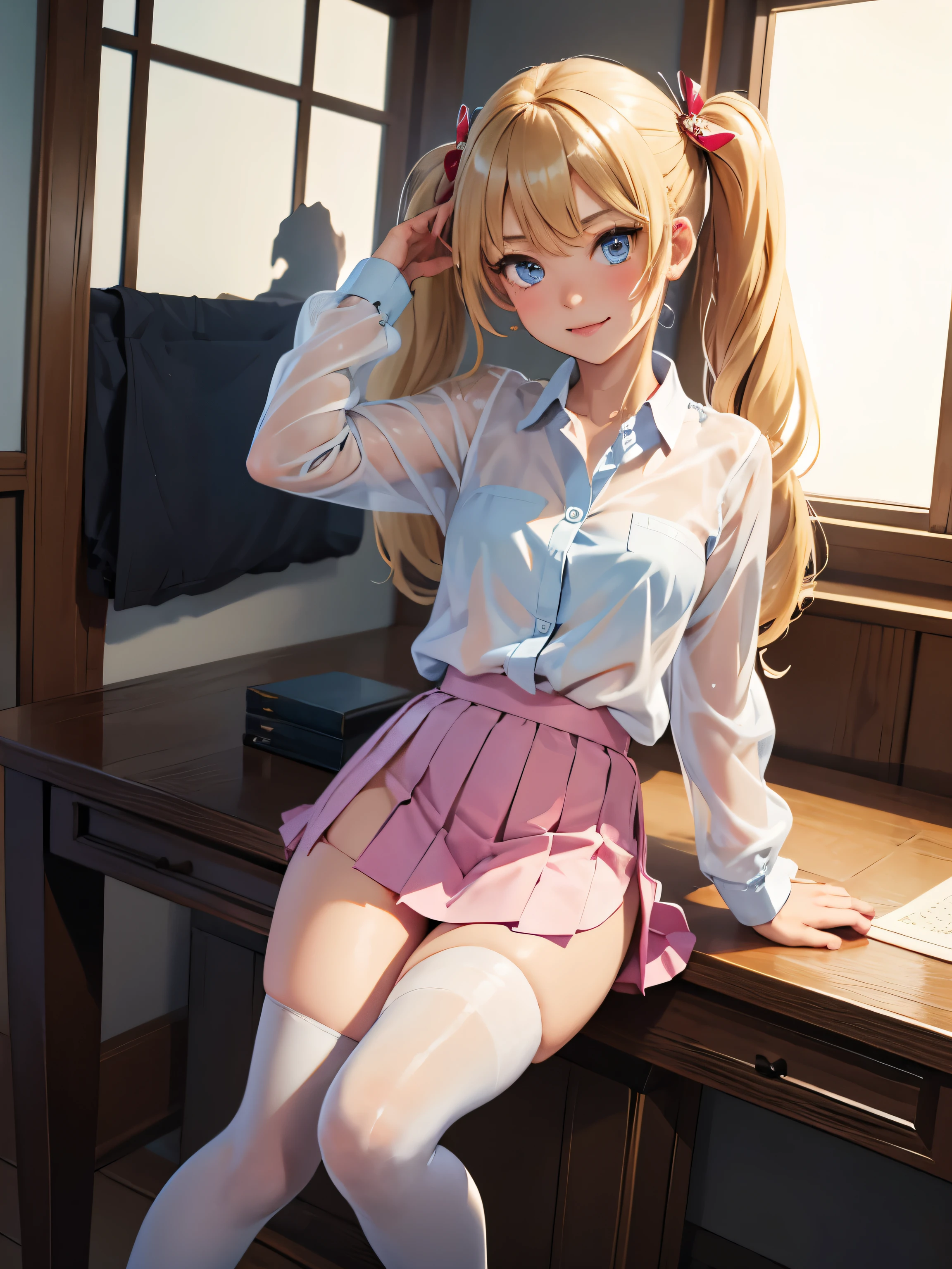 akizuki airi. oni chichi, masterpiece, highest quality, Very detailed, figure, Flat Color, Depth of written boundary, , , 1 girl, young, anime, Returning Home, full length, blonde, Twin tails, Looking at the audience, red pleated mini skirt, Wet white button-down shirt, , black tights, See-through underwear,Detailed fabric texture, Beautifully detailed face, blue eyes, A light smile, Pink Panties,Undress in the dressing room