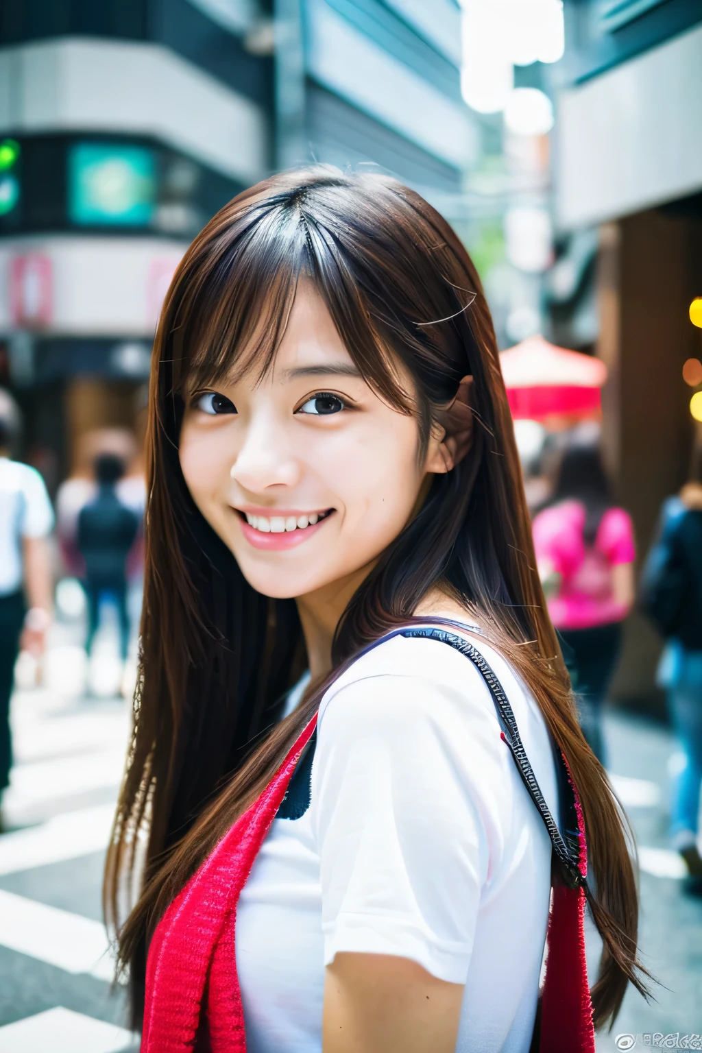 1 girl, Japanese women, Tokyo Street , Streetscape, Upper Body, True Face, close, smile, (8k, RAW Photos, highest quality, masterpiece:1.2), (Realistic, photo-Realistic:1.37),