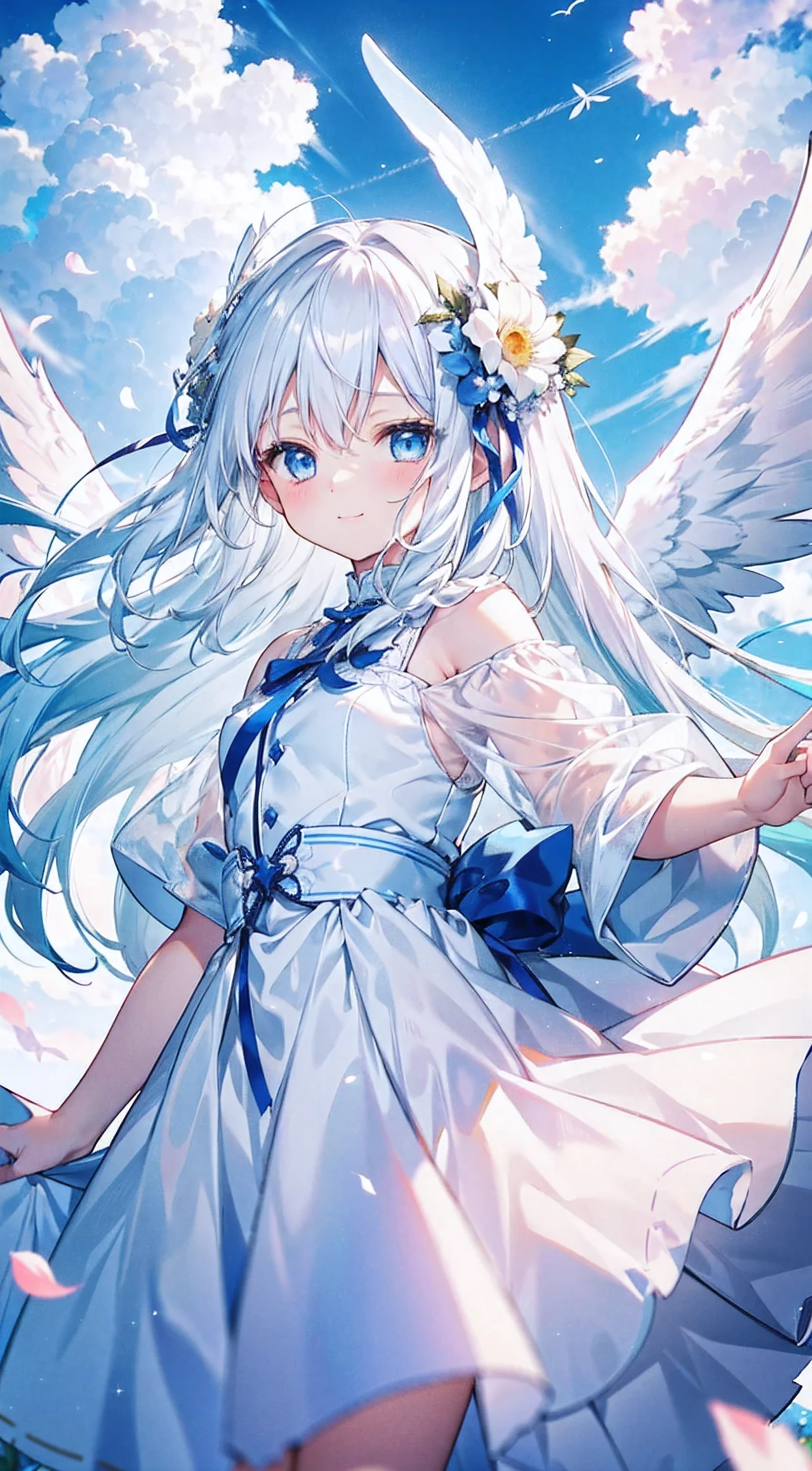 A cute angel girl with long white hair and blue eyes、16 years old、Angel wings on the back、Floating in the sky、Close your eyes and smile、White dress、Angel wings and flowers fluttering