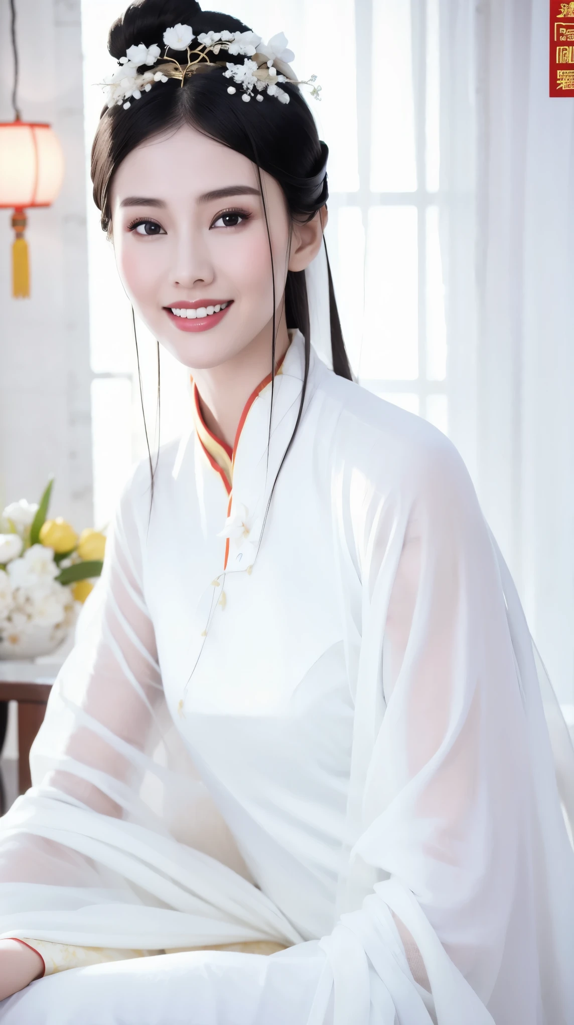 Fashion model 25 years old [[[[close up]]]], [[[[neck]]]], [[[[Shoulder]]]], Perfect eyes, Perfect iris，Perfect lips，Perfect Teeth，Perfect skin，White skin，Soft headlight，High-density imaging review，（Face is clear and delicate），((White Chinese costume))，((Smile))，((Background is Chinese interior))，best quality，masterpiece，（Soft colors：1.2