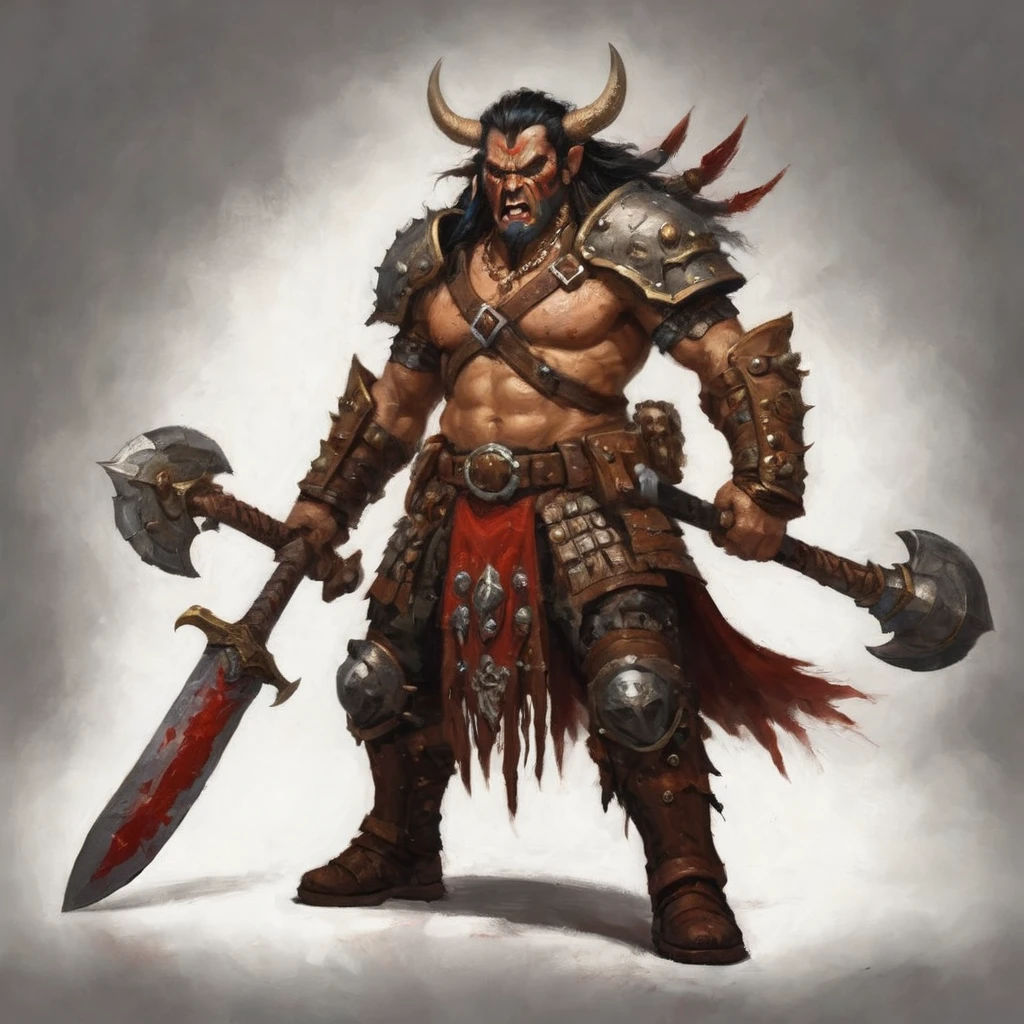 Vrockwing Bakemono, blood thirsty barbarian ragers wearing studded leather scrapped together armor and wielding 2 handed weapons