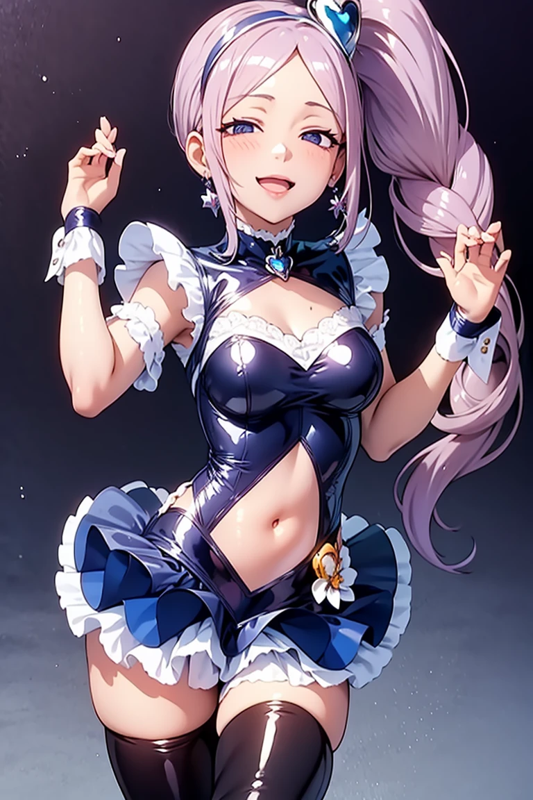 cure berry, precure, wrist cuffs, blue skirt, black latex dress, side ponytail, blue boots, gem, hairband, navy thighhighs, blue ribbon, navel, floral background, corruption, NTRGAO, empty eyes, half-closed eyes, evil smile, no pupils, crazy smile, open mouth, 1girl,  milf, married woman, dark magical girl