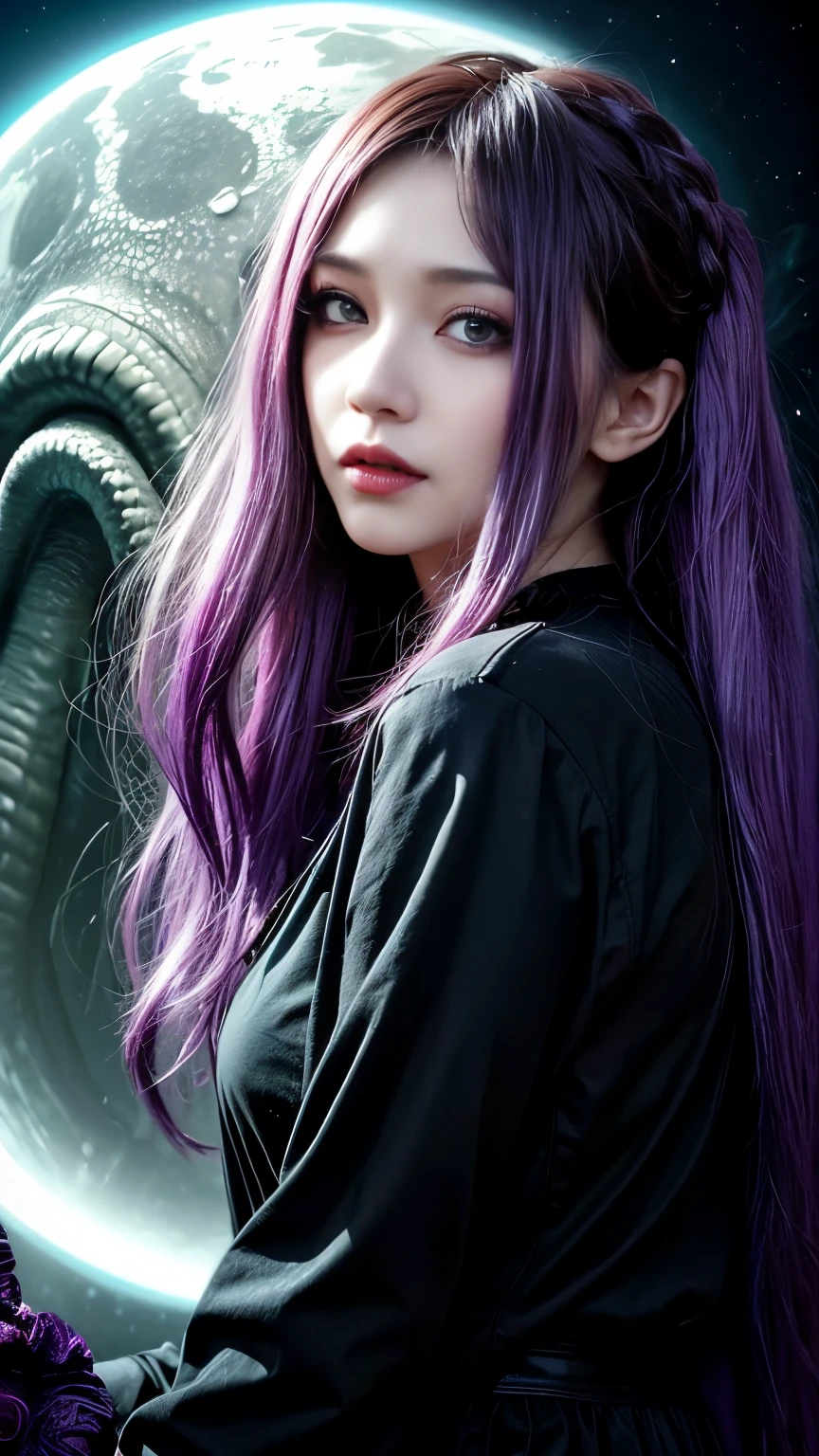 background（Black Night Sky，Big Moon），Woman close up，Wearing a white shirt、Purple Hair，Very long hair，very thick braids，Purple eyes，big ， realistic girl rendering, 8k artistic german bokeh, Enchanting girl, Real Girls, Gurwitz, Gurwitz-style artwork, Girl Roleplay, Realistic 3D style, cgstation Popular Topics,, 8K Portrait Rendering,（truth，truth：1.4），Wear pink pajamas，巨big ，Sparkling eyes，Purple eyes、In the depths of space, The dark god awakens,
Cthulhu, Ancient ones, With tentacles that make the heart tremble.
A being of great power, Beyond human understanding,
Emergeing from the Depths, Heralding the Ascension of the Universe.

Full of grotesque shapes and madness,
Cthulhu, Great old thing, 恐怖とtruthをもたらす.
From the Sunken City of R&#39;lyeh, He stands up,
A cult of sacrificial followers.

but、In this nightmare, The story unfolds,
A  born from chaos, a story yet to be told.
The existence of both worlds, The Hybrid God,
With a heart craving love, A soul longing for brilliance.

In that terrible union, A ray of hope remains,
A creature destined to bridge the divide in the universe.
Humanized, Born from a forbidden embrace,
They embody duality, Both fear and blessing.

As they travel the world, Surrounded by fear,
They seek understanding, I want to be close.
The  of Cthulhu, Born from ancient tradition,
Symbol of unity, Their destinies are forever intertwined.

Even in the dark, light flickers,
Light of Mercy, Through the Night.
deep within their being, They find solace and peace,
Accept your fate, Their love never ends.

Let's think about this story, With father ,
Of Cthulhu, elder, And his descendants are very wild..
In the depths of fear, Beauty blooms,
And in Lovecraft&#39;s nightmares, Compassion Finds a Place.