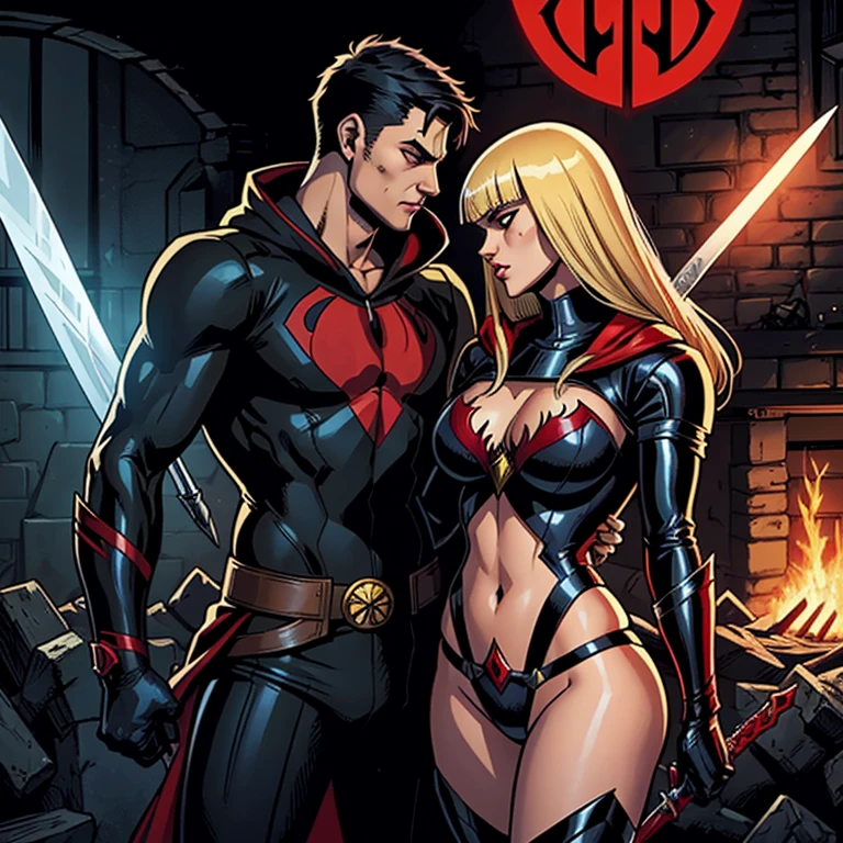 Illyana Rasputin (magik) from Marvel Comics turns her sword on Jason Todd (red hood) from DC comics They’re almost kiss 