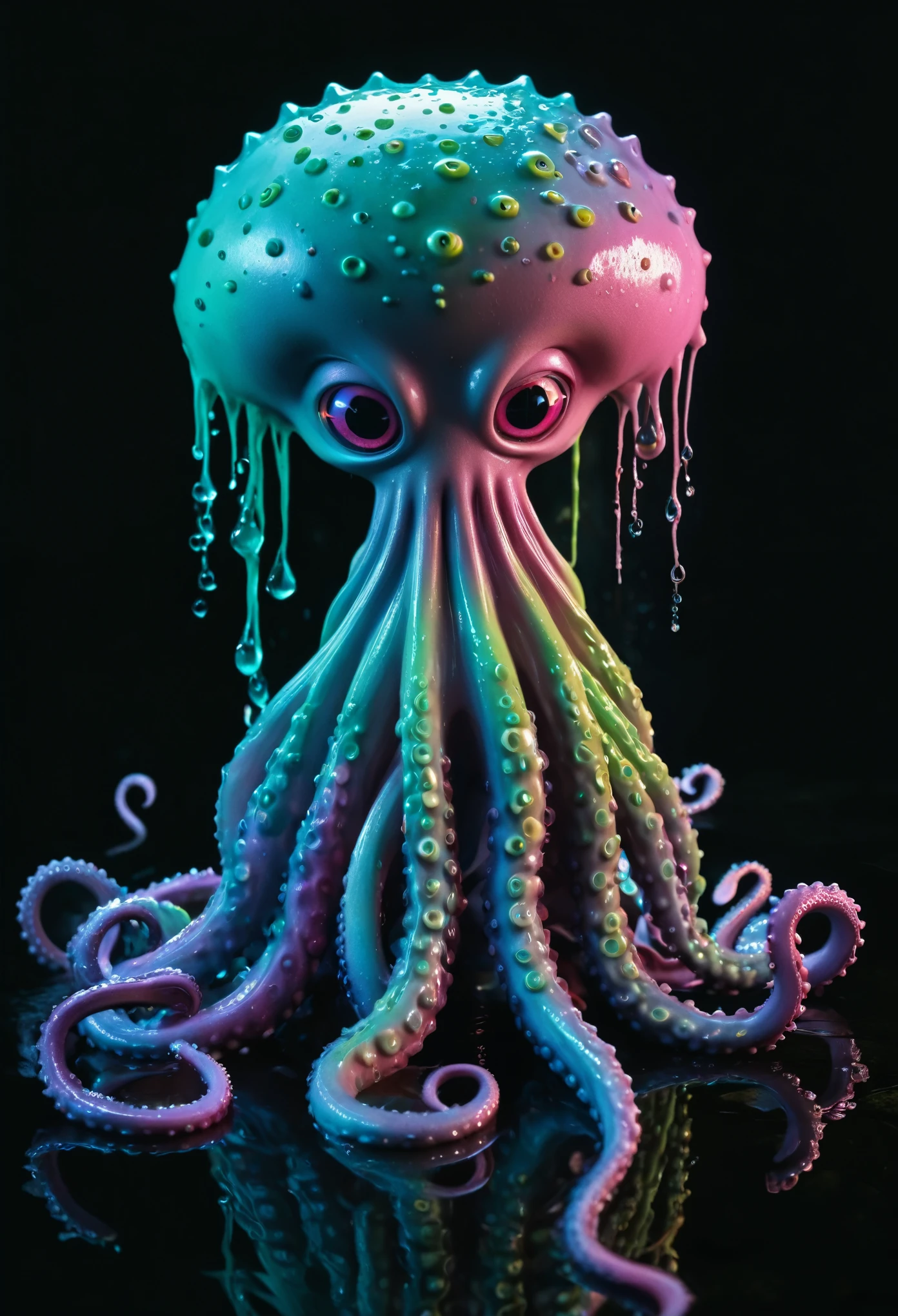 8K, ARTISTIC photogrAphy, best quAlity, mAsterpiece: 1.2), A (potrAit:1.2) witch BLOOD Toon Doll Cthulhu police, EYES, CYAN many octopus style tentacles, full body RAW candid cinema, pink hair, 16mm, color graded portra 400 film, remarkable color, ultra realistic, sad admosphere, dark lighting, oppressive atmosphere, depressive colors, kodak portra 400, photograph,r, Natural Light, Pinhead lighgts, blur reflection, Brush Strokes, Smooth, abstract, Splatter, Oil On Canvas, rainbow colors, fractal isometrics details bioluminescens : a stunning realistic photograph of wet bone structure, 3d render, octane render, intricately detailed, titanium decorative headdress, cinematic, trending on artstation | Isometric | Centered