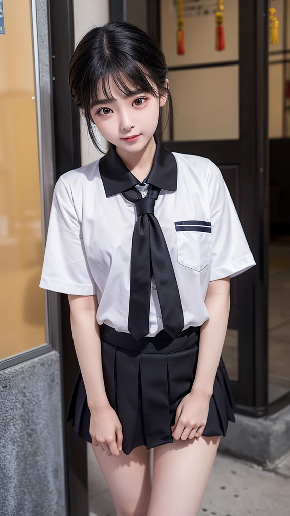 A Chinese girl,school uniform,She is short,Very white face,Her eyes were on her small, slightly pointed face.,Looks particularly black and large。Oily black short hair,Divide and stick tightly on the temples。The mouth is small,Full lower lip,When speaking,Always with a slight smile,Not safe for work