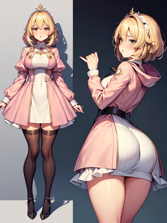 1 girl, full body, alone, mature woman, medium hair, blonde hair, medium breasts. perfect face, (((very exaggerated puffy cheeks))), (((very exaggerated pout))), mouth, full lips, closed mouth, blush. Perfectly detailed eyes, crying, almond eyes, aquamarine eyes, tears. dress, white and green dress, pink jacket, open jacket, puff sleeves, long sleeve, hood. (((standing))), legs apart, wide thighs, medium hips. stockings, black heels. High resolution image, 8k quality, intricate details, perfectly detailed illustration, genshin impact style, looking at viewer, front view, side view, back view