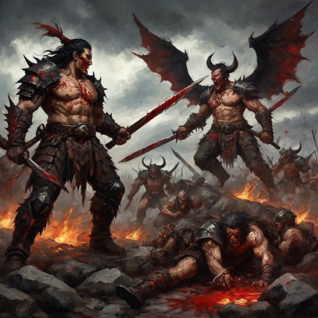 (anime,horror,dark fantasy,war)evil group of Vrockwing Bakemono,bloodthirsty barbarian ragers,studded leather scrapped together armor,2-handed weapons,cruel red eyes,sharp fangs,bloody battle scars,distorted faces,ripped muscles,raging flames,bloody splatters,fierce battlefield,cursed shadows,flying debris,dark aura,ominous sky,pitch-black darkness,blood-soaked ground,vicious atmosphere,vivid colors,best quality,ultra-detailed,realistic lighting