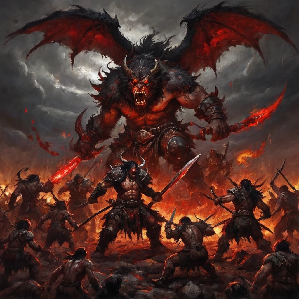 (anime,horror,dark fantasy,war)evil group of Vrockwing Bakemono,bloodthirsty barbarian ragers,studded leather scrapped together armor,2-handed weapons,cruel red eyes,sharp fangs,bloody battle scars,distorted faces,ripped muscles,raging flames,bloody splatters,fierce battlefield,cursed shadows,flying debris,dark aura,ominous sky,pitch-black darkness,blood-soaked ground,vicious atmosphere,vivid colors,best quality,ultra-detailed,realistic lighting