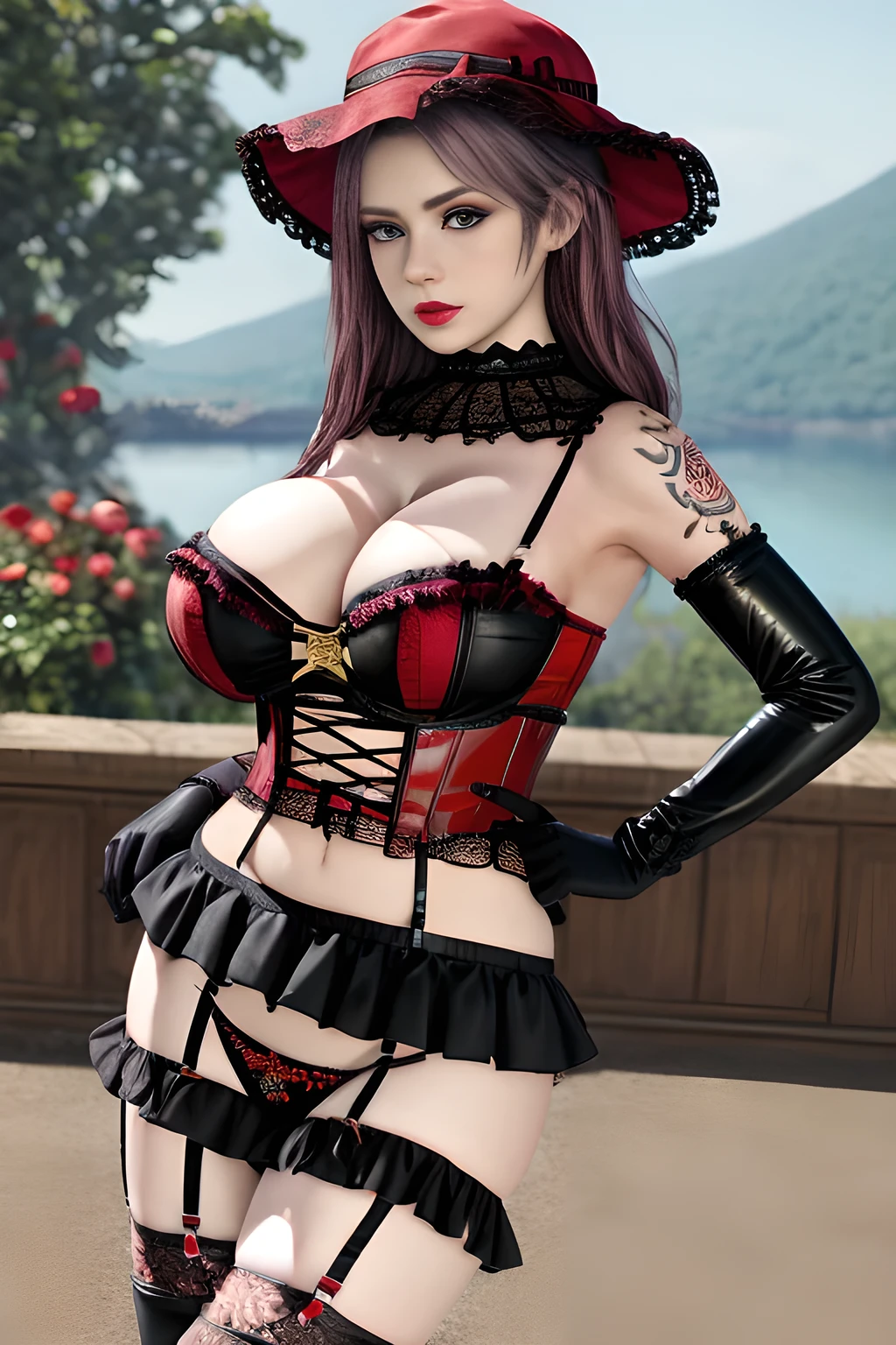 1 girl,BREAK (Royal:1.4), (red and black theme:1.5), ((red) bucket hat with rose corsage:1.4), (fusion of black high neck crop top and latex (red bustier):1.4), ((floral lace, see-through):1.3), ((sleeveless, bare shoulders):1.3), (red tiered skirt with black ruffles:1.4), ((ultra long gloves) with floral lace:1.3), (wrap a (cat garter) around thighs:1.4), outdoor,elegant,nighttime,moonlighe,shiny skin,( huge breasts), lip gloss,tattoos, masterpiece, best quality, realistic ,Surrealism,natural colors art in 8k,soft shadows,High-definition RAW color photos professional portrait photos,solo, elise,