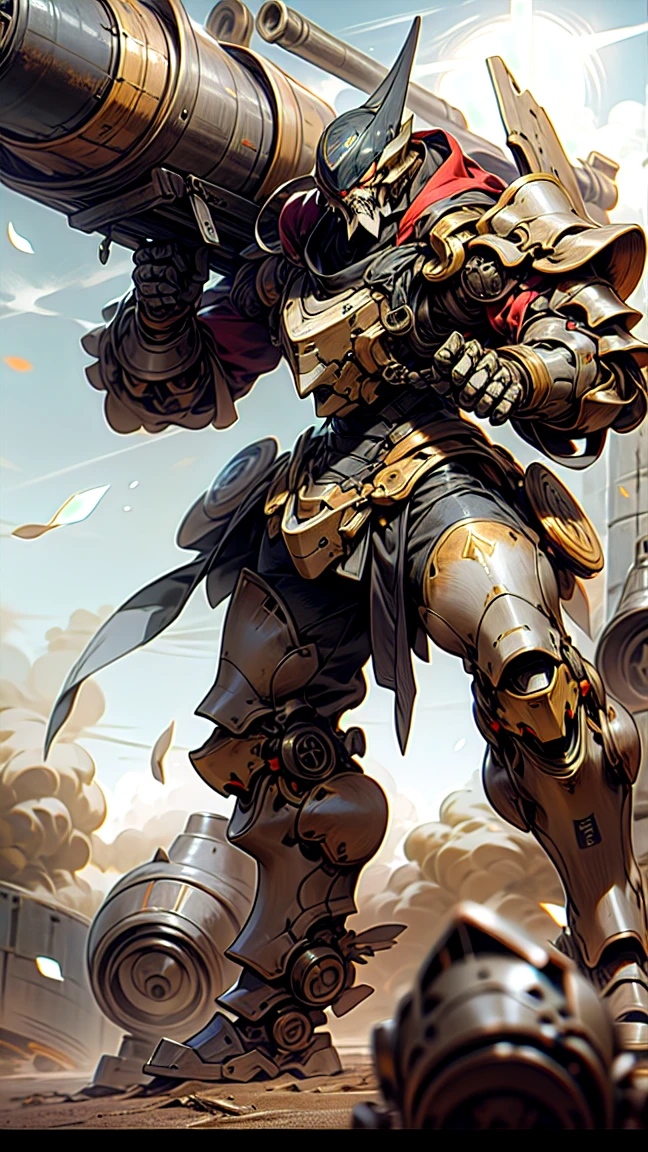 A multi-legged tank marching through a sandstorm,Intense bombing,The hazy sun,Huge Cannon,Heavy Armor
