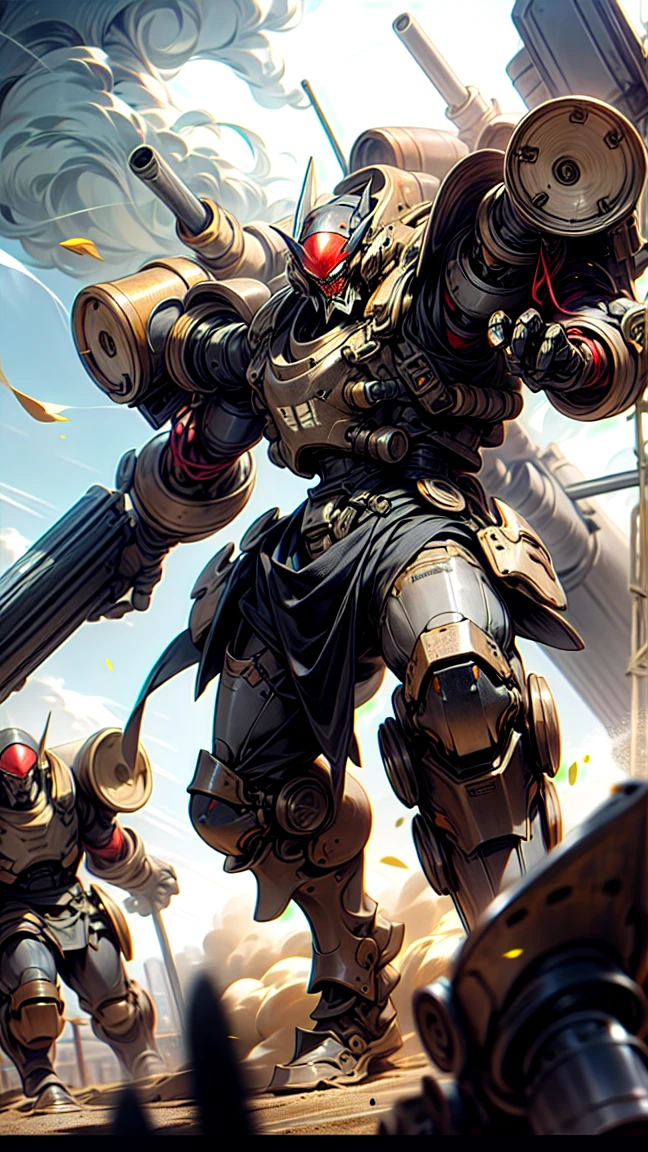 A multi-legged tank marching through a sandstorm,Intense bombing,The hazy sun,Huge Cannon,Heavy Armor