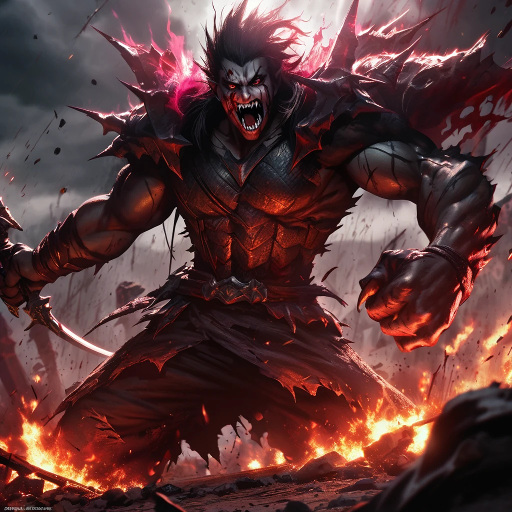 (anime,horror,dark fantasy,war)evil group of Vrockwing Bakemono,bloodthirsty barbarian ragers,studded leather scrapped together armor,2-handed weapons,cruel red eyes,sharp fangs,bloody battle scars,distorted faces,ripped muscles,raging flames,bloody splatters,fierce battlefield,cursed shadows,flying debris,dark aura,ominous sky,pitch-black darkness,blood-soaked ground,vicious atmosphere,vivid colors,best quality,ultra-detailed,realistic lighting
