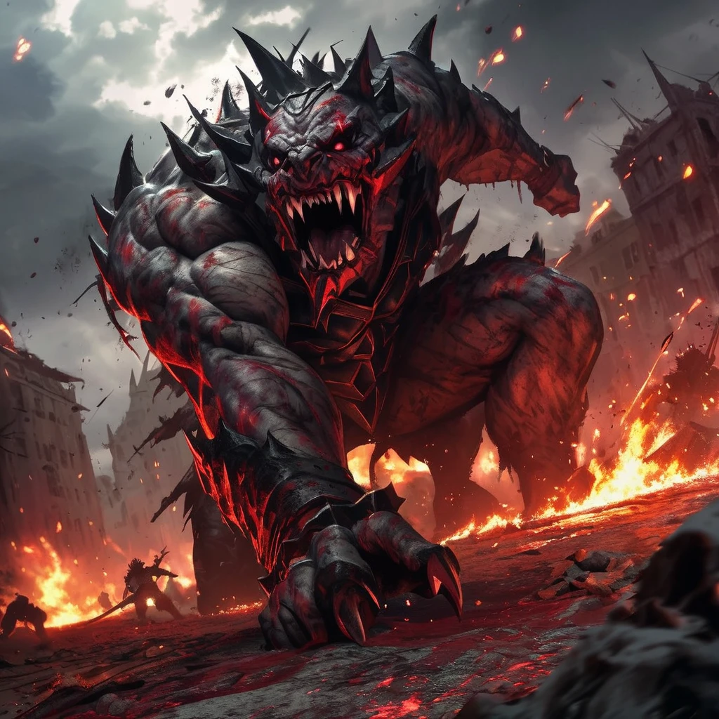 (anime,horror,dark fantasy,war)evil group of Vrockwing Bakemono,bloodthirsty barbarian ragers,studded leather scrapped together armor,2-handed weapons,cruel red eyes,sharp fangs,bloody battle scars,distorted faces,ripped muscles,raging flames,bloody splatters,fierce battlefield,cursed shadows,flying debris,dark aura,ominous sky,pitch-black darkness,blood-soaked ground,vicious atmosphere,vivid colors,best quality,ultra-detailed,realistic lighting