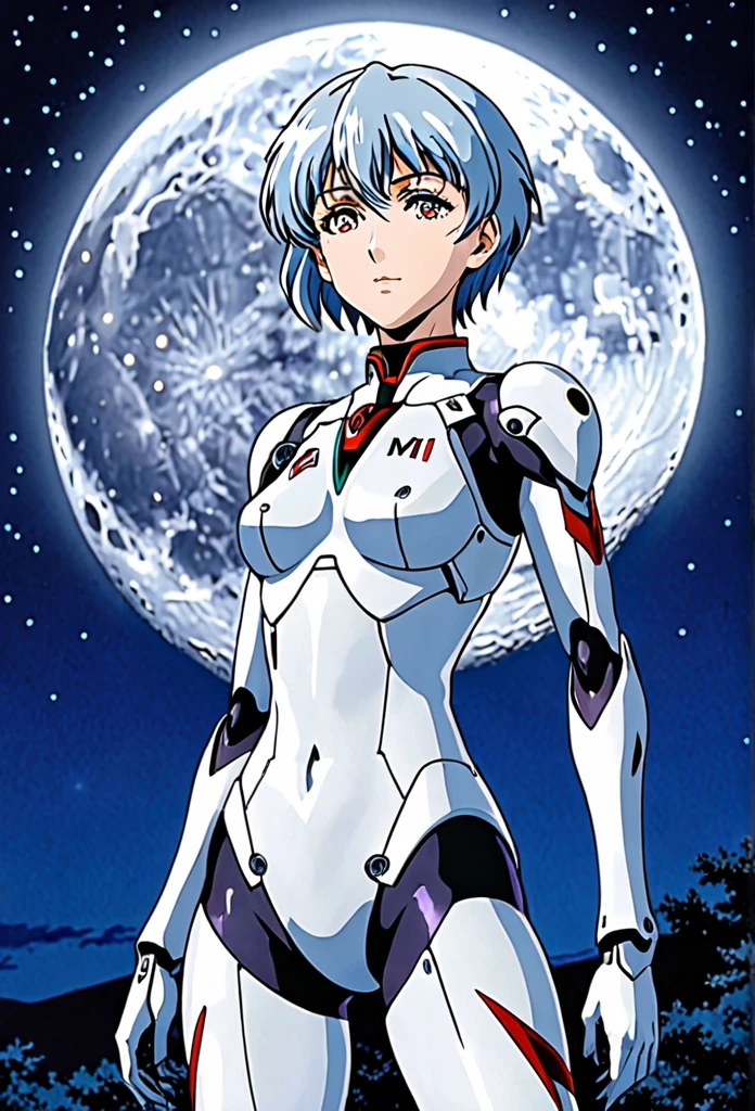 a picture of Ayanami Rei with big silverish full moon in background