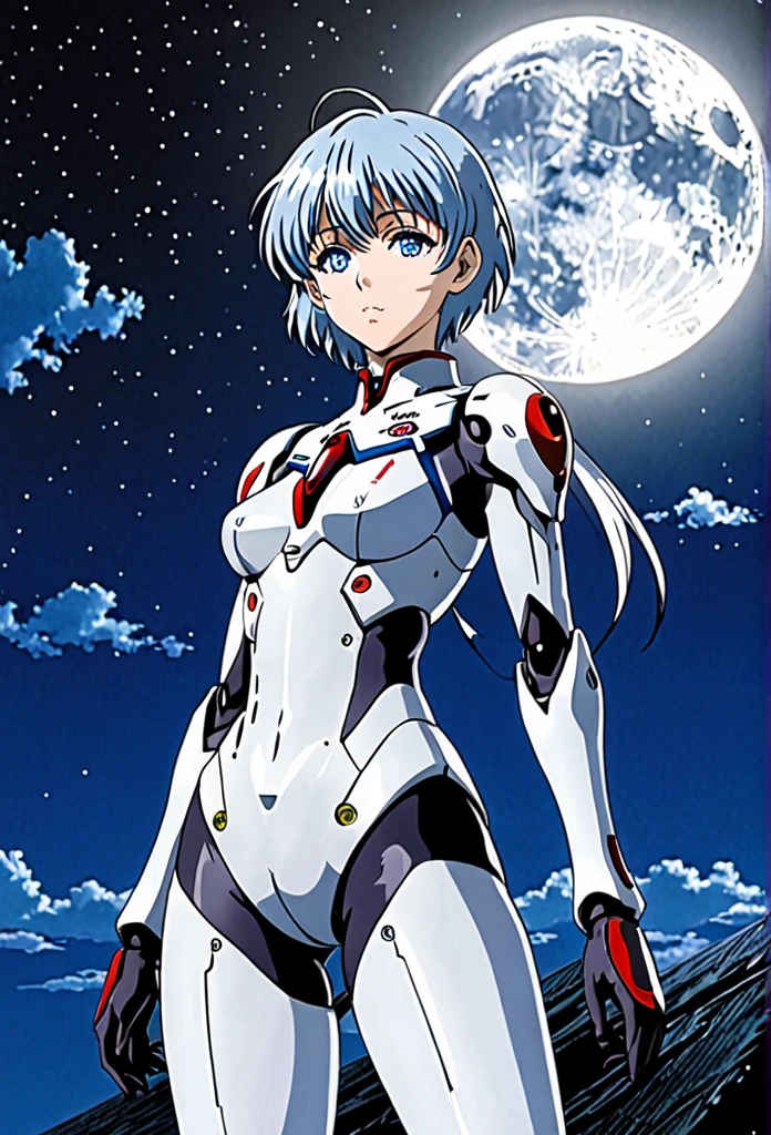 a picture of Ayanami Rei with big silverish full moon in background