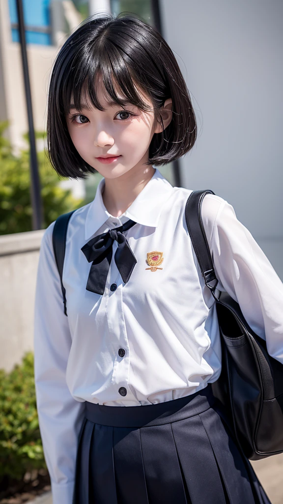 A Chinese girl，school uniform，She is short，Very white face，Her eyes were on her small, slightly pointed face.，Looks particularly black and large。Oily black short hair，Divide and stick tightly on the temples。The mouth is small，Full lower lip，When speaking，Always with a slight smile，Not safe for work