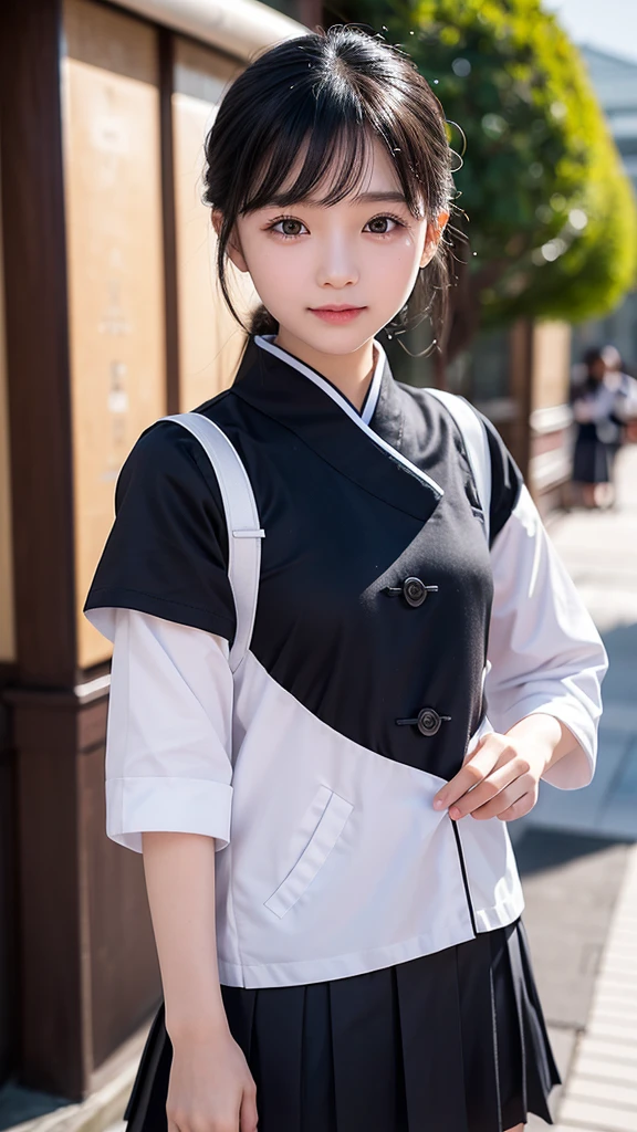 A Chinese girl,school uniform,She is short,Very white face,Her eyes were on her small, slightly pointed face.,Looks particularly black and large。Oily black short hair,Divide and stick tightly on the temples。The mouth is small,Full lower lip,When speaking,Always with a slight smile,Not safe for work