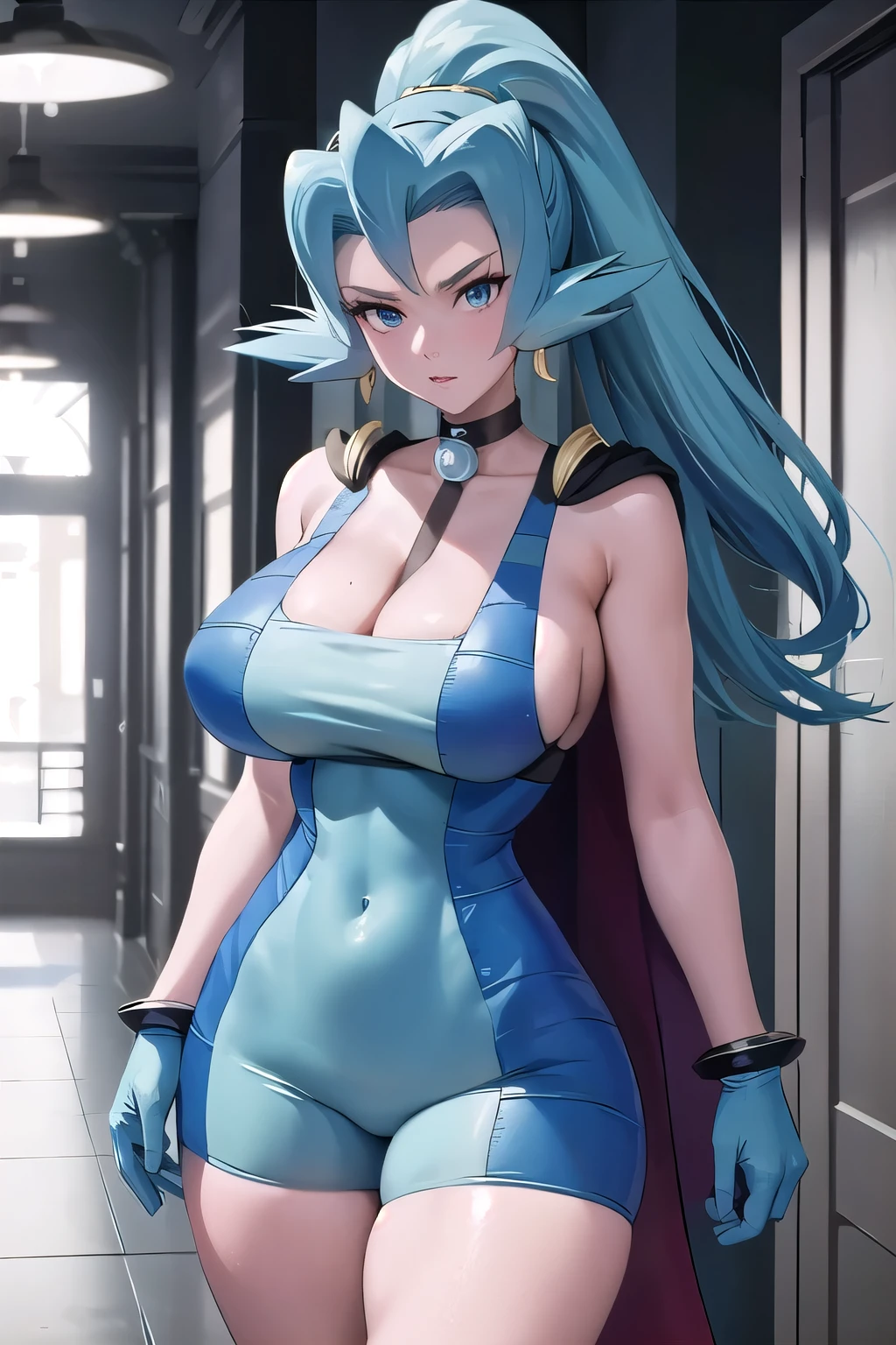 masterpiece, best quality,  pkmnClair, ponytail, earrings, choker, cape, blue bodysuit, blue gloves, bracelets, huge breasts, looking at viewer, indoors, hallway, cleavage, collarbone, skindentation