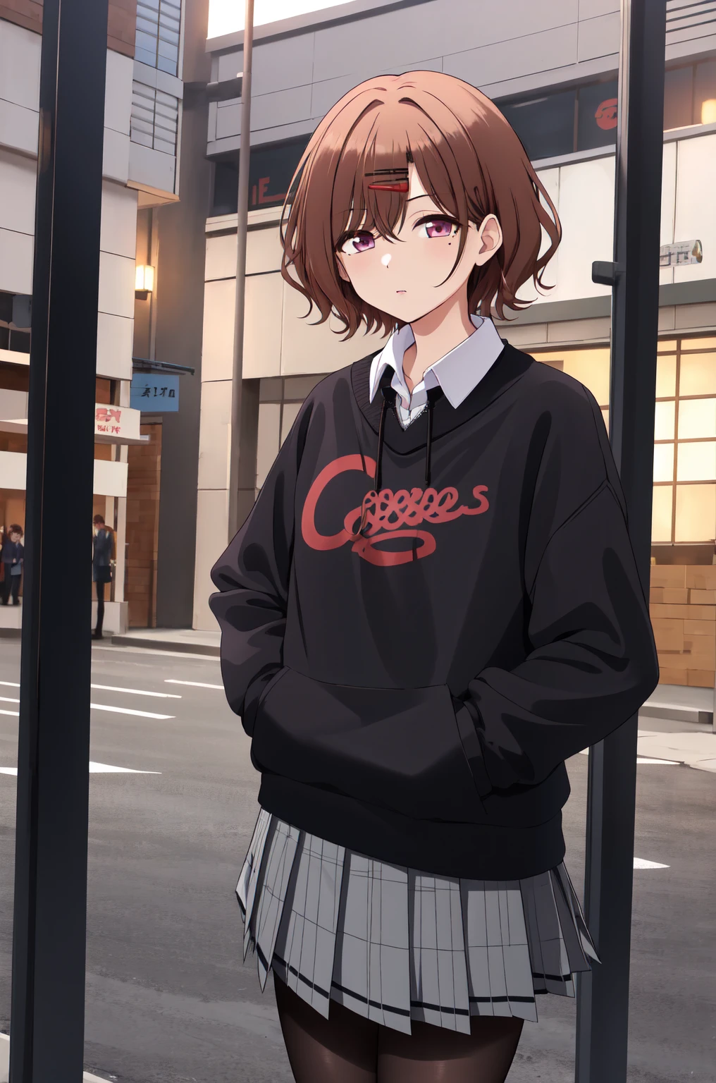 best quality, High resolution, 1 Girl, Higuchi Madoka, Pantyhose, skirt, brown hair, mole under eye, mole, Hair accessories, Hairpin, pleated skirt, short hair,, Long sleeve, Bangs, sweater, miniskirt, black sweater, black Pantyhose, grey skirt, Collared shirt, Purple Eyes,  Cowboy shooting,