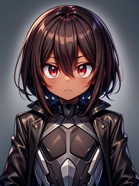 dark skin, male, flat chest, (((short dark brown hair))), big red eyes and a very androgynous face, wearing a black exoskeleton bodysuit and a long black coat taimanin with sliver accent, black armoured taimanin_suit, close up