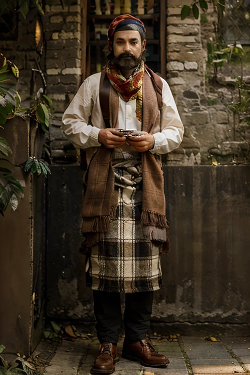 An American man with a mustache and no beard, and a brown fez with colorful scarves wrapped around, full-body view
