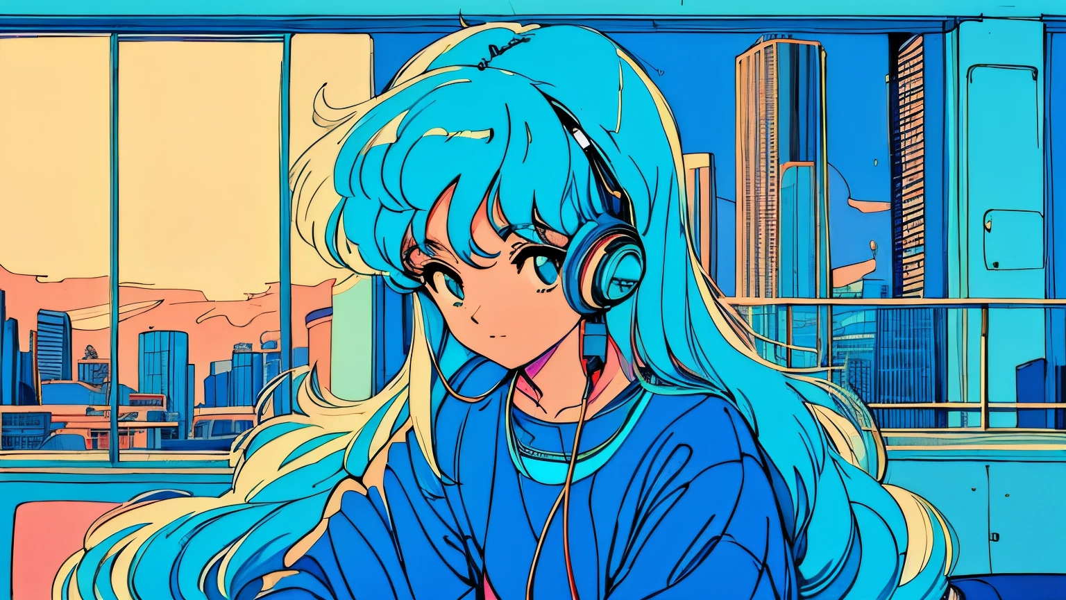 City pop style art,Light blue hair, long hair, Wearing headphones, Futuristic yet lo-fi, Retro, Vintage, Ghost,masterpiece, Sitting on the floor, Night view (( Late Night )), (( Looking down ))