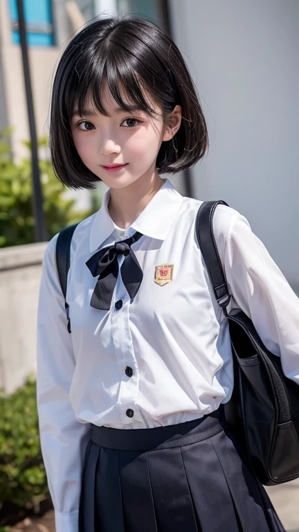 A Chinese girl,school uniform,She is short,Very white face,Her eyes were on her small, slightly pointed face.,Looks particularly black and large。Oily black short hair,Divide and stick tightly on the temples。The mouth is small,Full lower lip,When speaking,Always with a slight smile,Not safe for work
