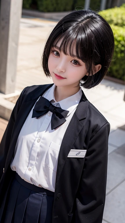 A Chinese girl，school uniform，She is short，Very white face，Her eyes were on her small, slightly pointed face.，Looks particularly black and large。Oily black short hair，Divide and stick tightly on the temples。The mouth is small，Full lower lip，When speaking，Always with a slight smile，Not safe for work