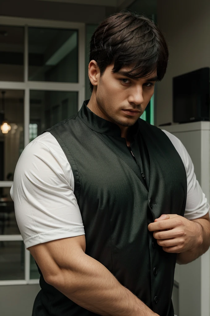 Big men wearing black clothes and green vest with two block hairstyle