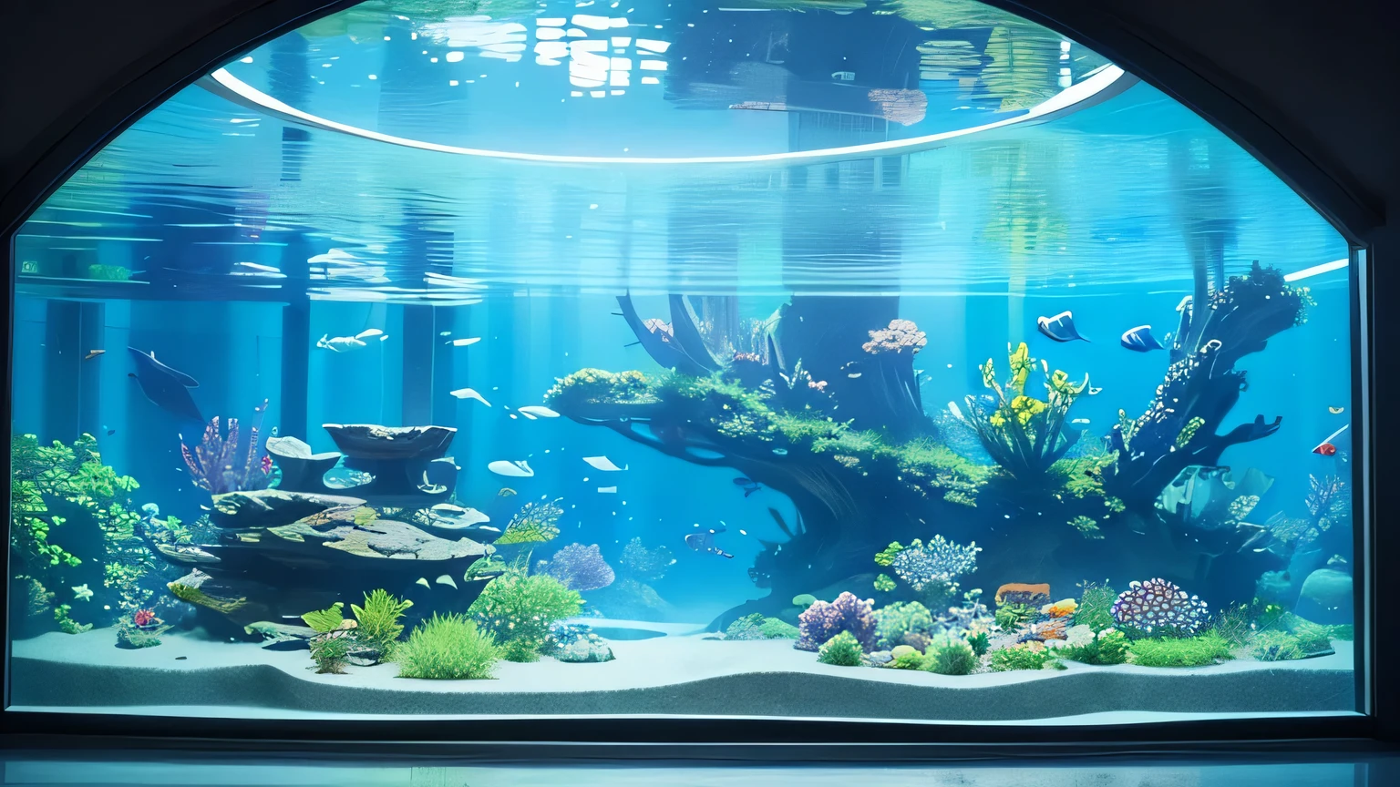 A beautiful large aquarium，The front of a huge square glass tank，Aquarium corridor，Fantastic aquarium，Bright Lights，Dynamic and beautiful shadows， Breathtakingly beautiful sights，（Best quality：0.8），（Highest quality：0.8）