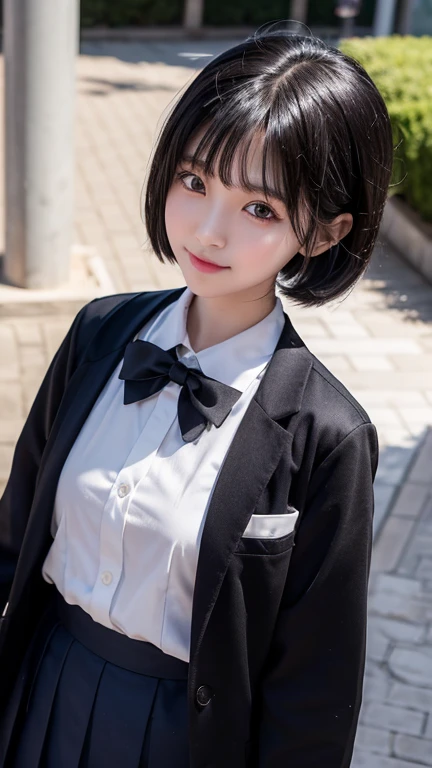 A Chinese girl，school uniform，She is short，Very white face，Her eyes were on her small, slightly pointed face.，Looks particularly black and large。Oily black short hair，Divide and stick tightly on the temples。The mouth is small，Full lower lip，When speaking，Always with a slight smile，Not safe for work