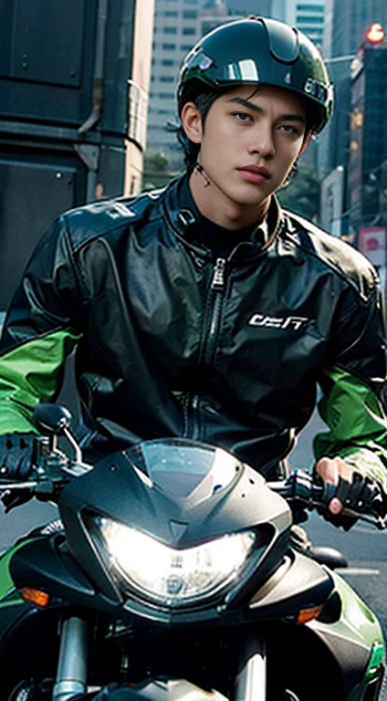 Highest image quality, outstanding details, ultra-high resolution, (realism: 1.4), the best illustration, favor details, highly condensed 1boy, with a delicate and handsome face, dressed in a black and green mecha, wearing a mecha helmet, holding a directional controller, riding on a motorcycle, the background is a high-tech lighting scene of the future city.