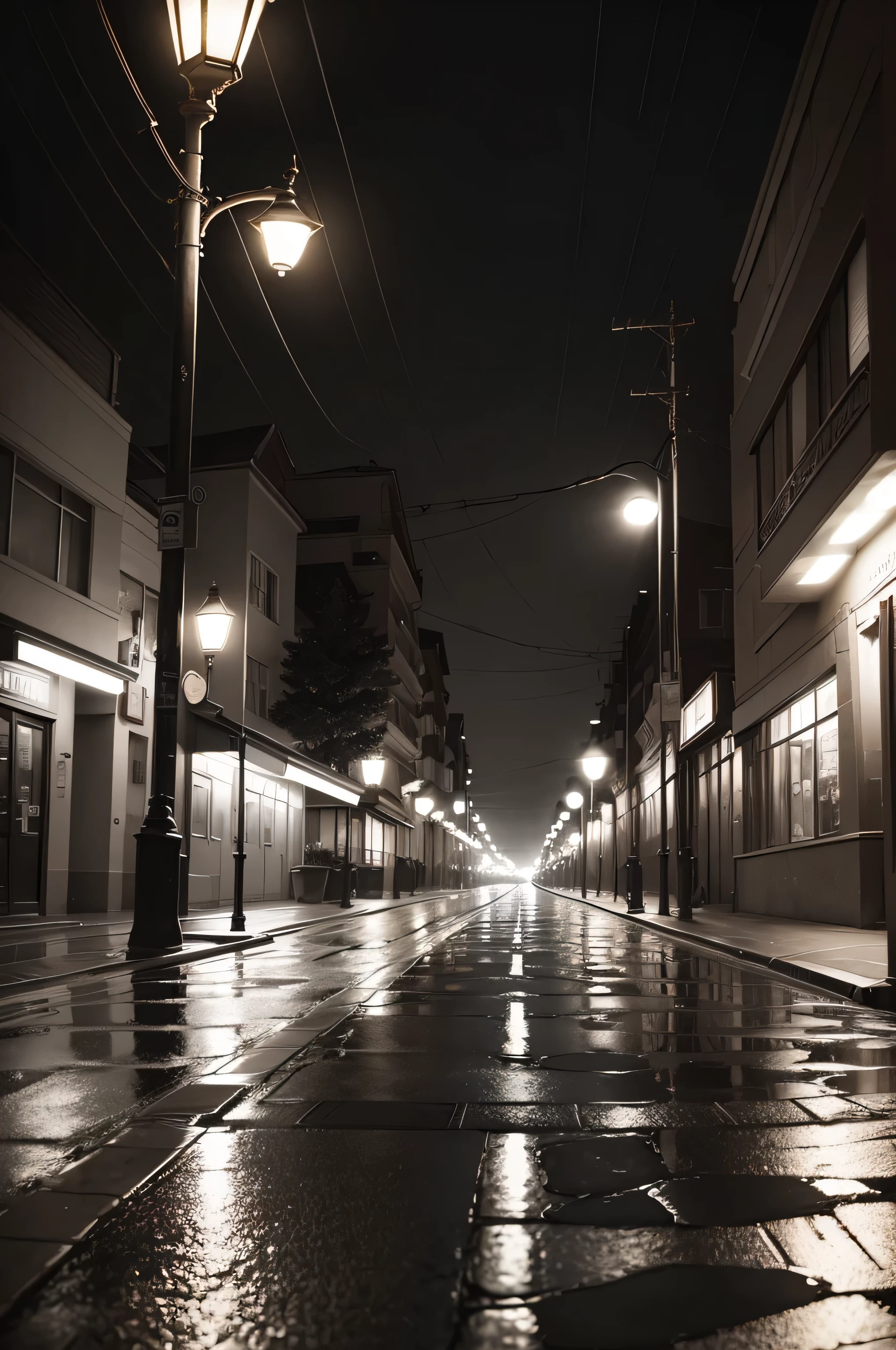 Loneliness in the middle of the night dark street light from the poles rain