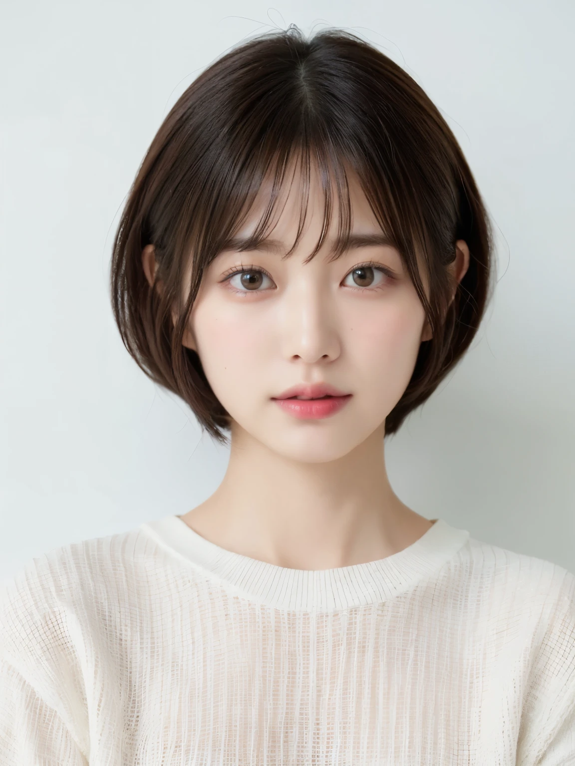 White long sleeve dress、Tabletop、(White wall in the background)、In front of a white door、((highest quality、8k、masterpiece:1.3))、Ultra-high resolution、(photoGenuineistic:1.4)、RAW Photos、30-year-old woman、Japanese,(face)、Genuine、Photographed in natural light、Highly detailed face and skin texture、Highly detailed lips、The correct state of the human body、short hair、Shortcuts、Black Hair、short hair、Various poses、Natural color lip、Fluffy hair