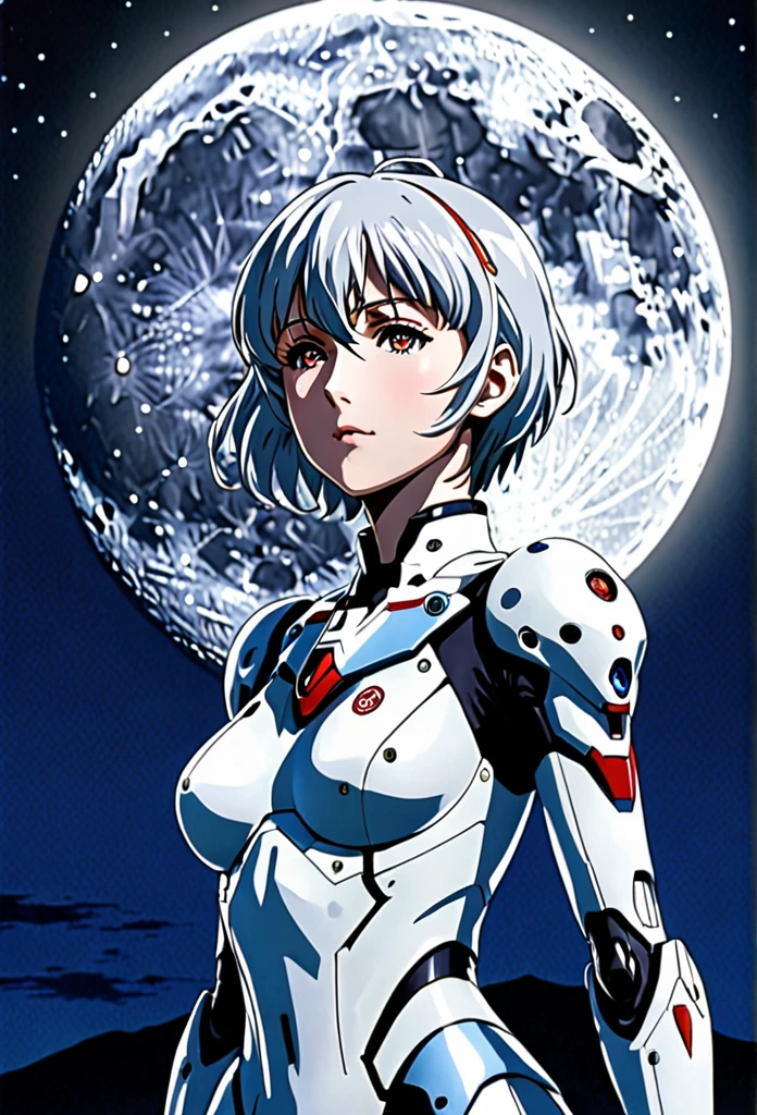a photograph of Ayanami Rei with big silverish full moon in background, realistic style