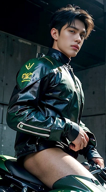 Highest image quality, outstanding details, ultra-high resolution, (realism: 1.4), the best illustration, favor details, highly condensed 1boy, with a delicate and handsome face, dressed in a black and green mecha, wearing a mecha helmet, holding a directional controller, riding on a motorcycle, the background is a high-tech lighting scene of the future city. , full length shot(fls) , hips , thighs