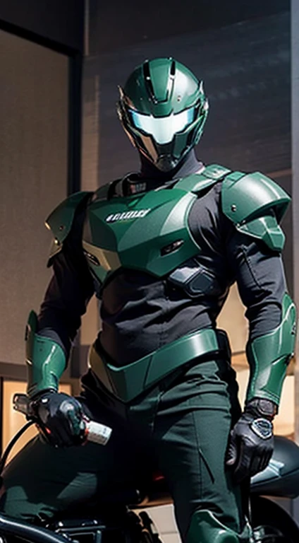 Highest image quality, outstanding details, ultra-high resolution, (realism: 1.4), the best illustration, favor details, highly condensed 1boy, with a delicate and handsome face, dressed in a black and green mecha, wearing a mecha helmet, holding a directional controller, riding on a motorcycle, the background is a high-tech lighting scene of the future city. , full length shot(fls) , hips , thighs