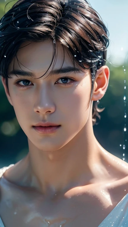 1 boy, Young male, Detailed eyes and faces, Perfect male body, face to camera, (short hair, half body inside water, Topless, bathe in water, wet hair and body),portrait, Chinese clothing, China Landscape, Outdoor, Hibiscus, Hibiscus park, color difference, Depth of field, dramatic shadow, Ray tracing, Best quality, Cinematic lighting, Extremely detailed CG, 8k wallpaper,