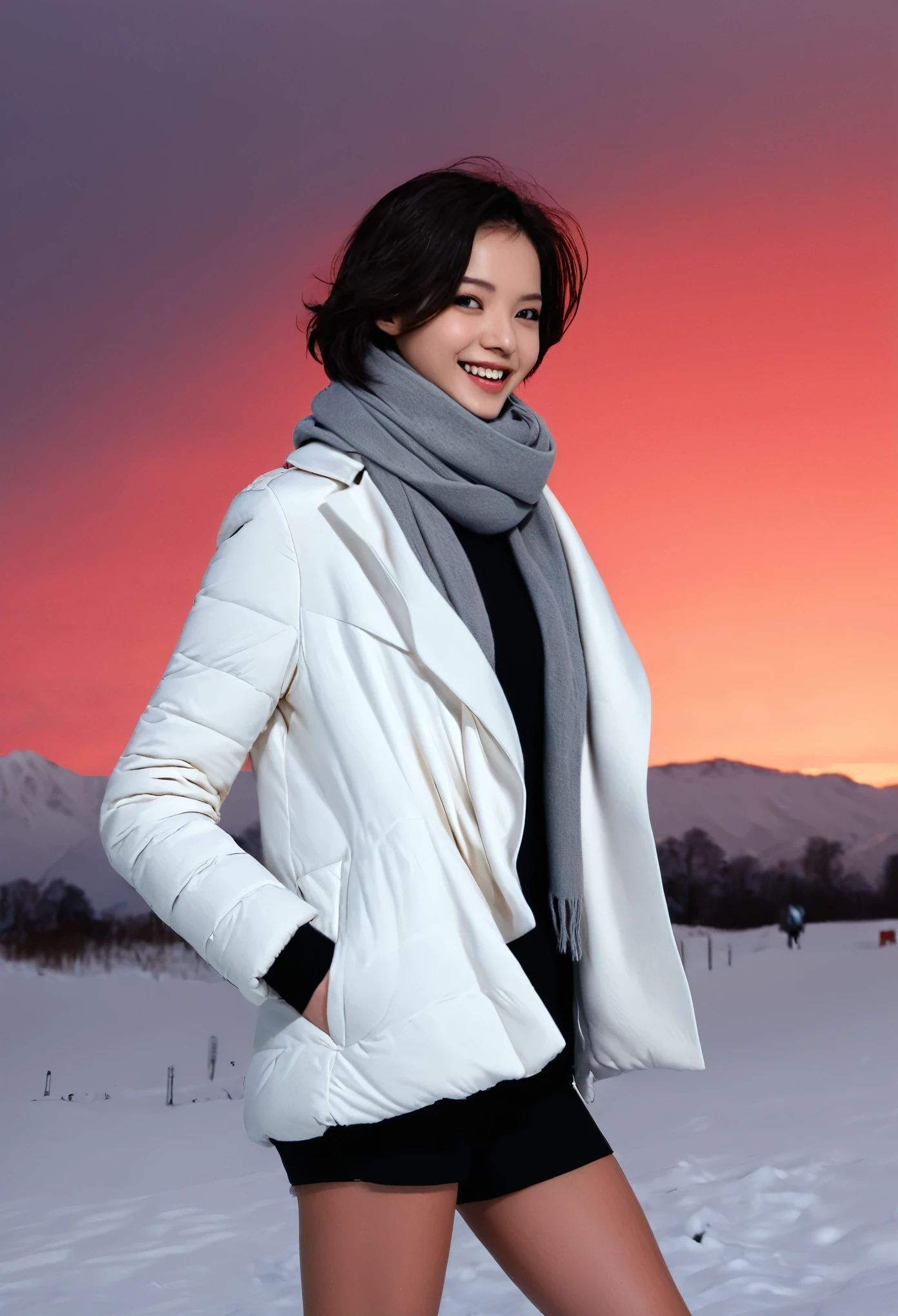 (Close up portrait of slender girl with short hair in winter uniform with white winter coat and gray scarf :1.5)、(The girl looks back with a happy face:1.5)、(Girl's hair fluttering in the wind:1.5)、(Big sunset red sky covered with beautiful snow:1.5)、(Perfect Anatomy:1.3)、(No mask:1.3)、(complete fingers:1.3)、Photorealistic、Photography、masutepiece、top-quality、High resolution, delicate and pretty、face perfect、Beautiful detailed eyes、Fair skin、Real Human Skin、pores、((thin legs))、(Dark hair)