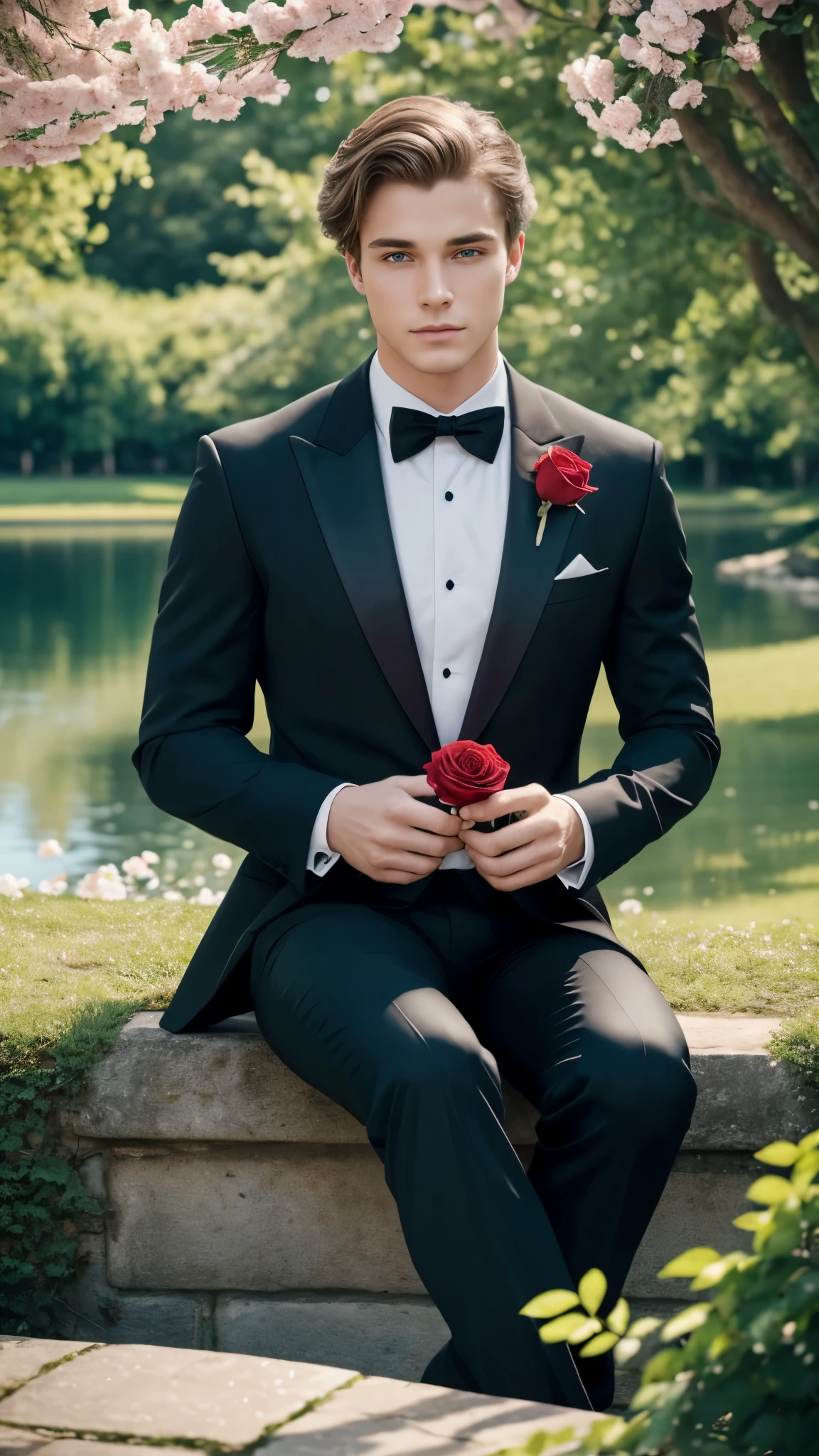 A 25-year-old man, seated by a serene lake, holds a red rose tenderly, dressed in a sleek black tuxedo. The photograph is strikingly realistic, capturing every detail from the soft waves of his short, wavy blond hair to the pristine whiteness of his skin. His striking blue-green eyes reflect the vibrant red roses that blossom around him, creating a captivating scene. The image, shot by a master photographer, boasts impeccable quality and ultra-high resolution, rendering it nearly photo-realistic. The backdrop of the image is a romantic, quiet park with lush roses blooming all around. The