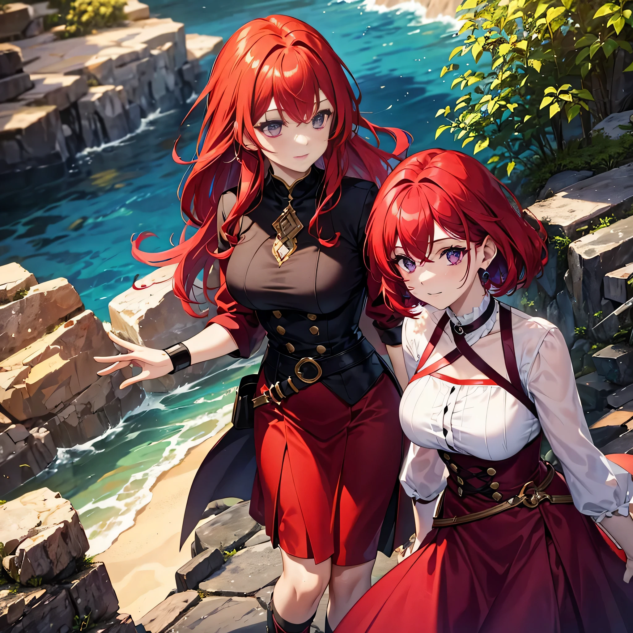 (two women) red-haired woman with purple eyes. Red-haired haired woman with green eyes.