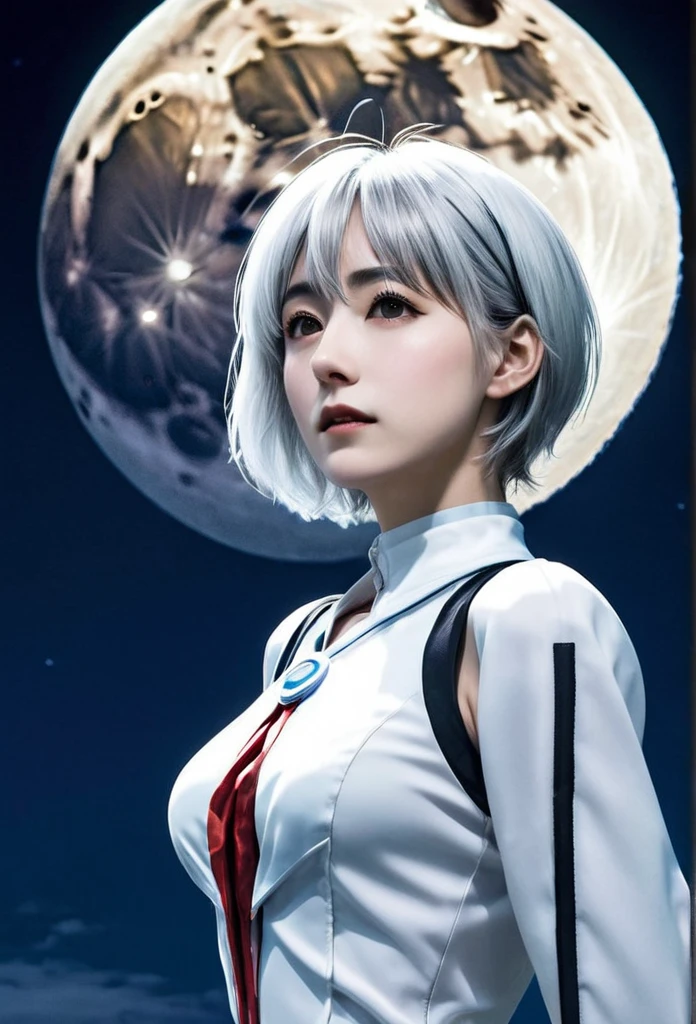 a photograph of Ayanami Rei with big silverish full moon in background, realistic style