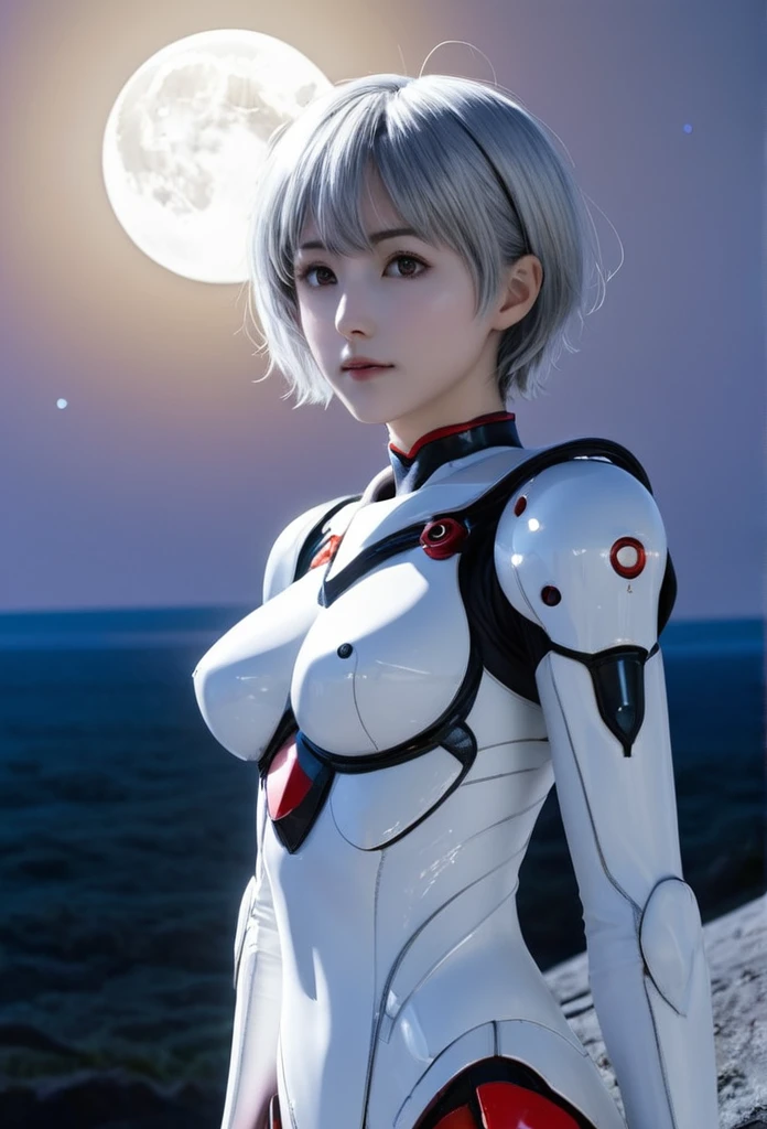 a photograph of Ayanami Rei with big silverish full moon in background, realistic style