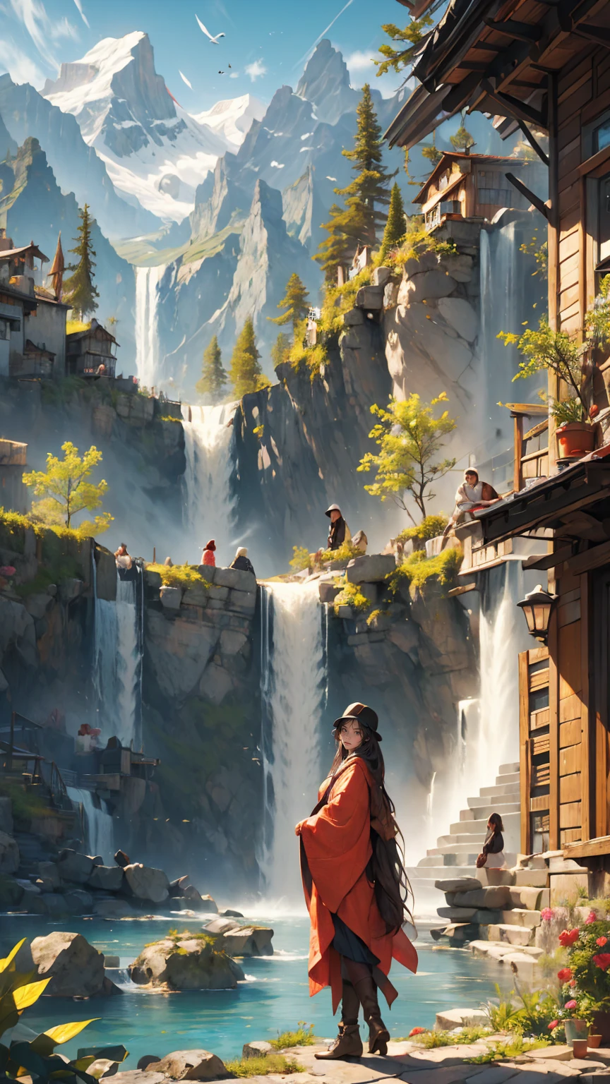 super huge mountain、The Alps、Nice views、Wonderful nature、Fantasy、Huge waterfall、High resolution、highest quality、masterpiece、Mature Caucasian Woman、smile