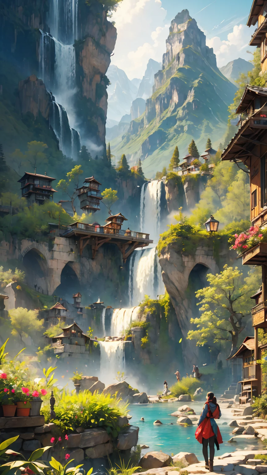 super huge mountain、The Alps、Nice views、Wonderful nature、Fantasy、Huge waterfall、High resolution、highest quality、masterpiece、Mature Caucasian Woman、smile